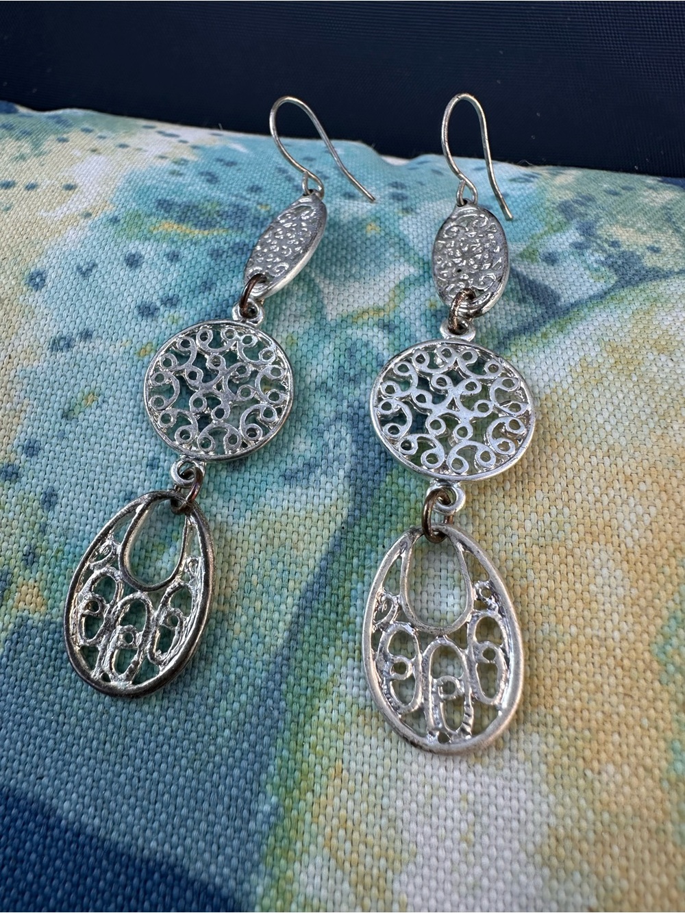 Silver Tone Filigree Triple Drop Dangle Earrings Boho Statement